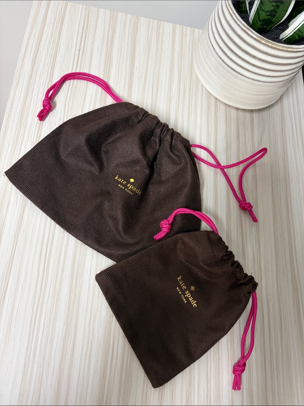 kate spade Brown Pouch Set with Hot Pink Drawcords